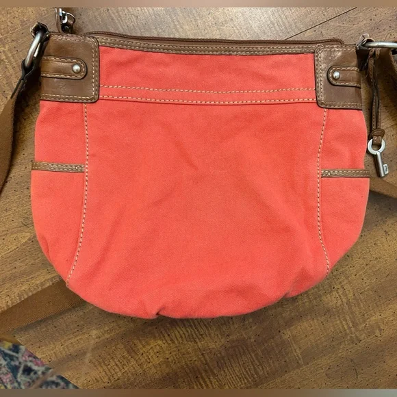 Fossil Red Canvas with Leather Accents Crossbody Purse Handbag Adjustable Strap - Picture 2 of 15